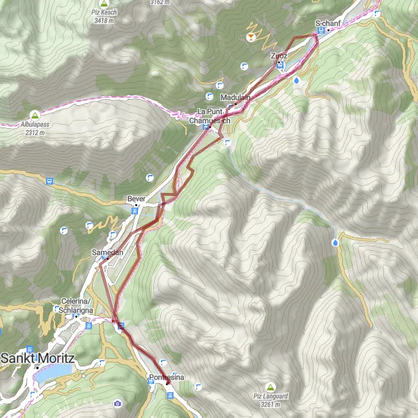 Kartminiatyr av "Samedan Grusvei Oppdagelse" sykkelinspirasjon i Ostschweiz, Switzerland. Generert av Tarmacs.app sykkelrutoplanlegger