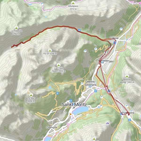 Map miniature of "Pontresina Gravel Loop" cycling inspiration in Ostschweiz, Switzerland. Generated by Tarmacs.app cycling route planner