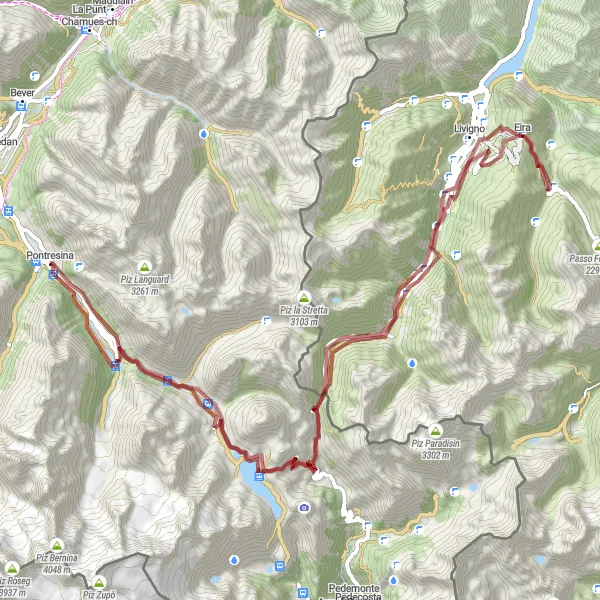 Miniatua del mapa de inspiración ciclista "Circuito de Grava Cascada da Bernina" en Ostschweiz, Switzerland. Generado por Tarmacs.app planificador de rutas ciclistas