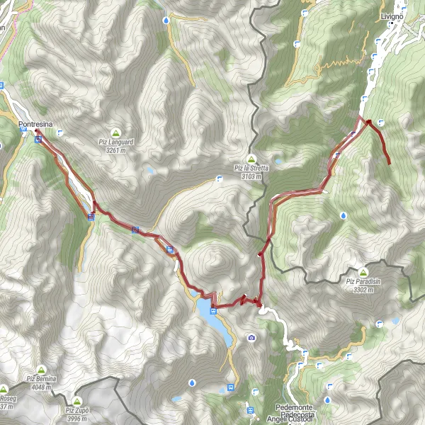Miniatua del mapa de inspiración ciclista "Ruta de grava a Berninapass" en Ostschweiz, Switzerland. Generado por Tarmacs.app planificador de rutas ciclistas