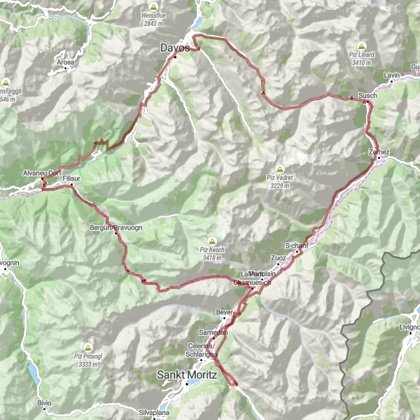Miniature de la carte de l'inspiration cycliste "Aventure du Flüelapass" dans la Ostschweiz, Switzerland. Générée par le planificateur d'itinéraire cycliste Tarmacs.app