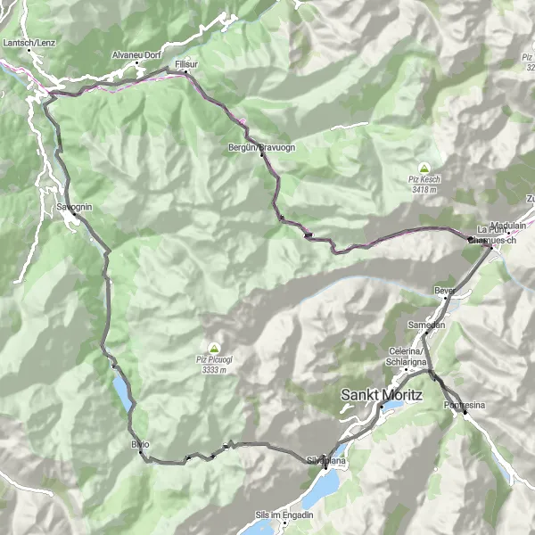 Miniaturekort af cykelinspirationen "Landevejscykelrute rundt om Pontresina" i Ostschweiz, Switzerland. Genereret af Tarmacs.app cykelruteplanlægger