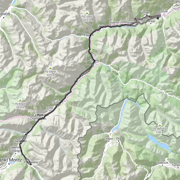 Miniaturekort af cykelinspirationen "Landevejscykelrute gennem Engadin-dalen" i Ostschweiz, Switzerland. Genereret af Tarmacs.app cykelruteplanlægger