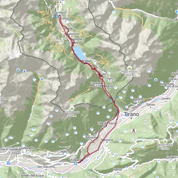 Map miniature of "Poschiavo Gravel Adventure" cycling inspiration in Ostschweiz, Switzerland. Generated by Tarmacs.app cycling route planner