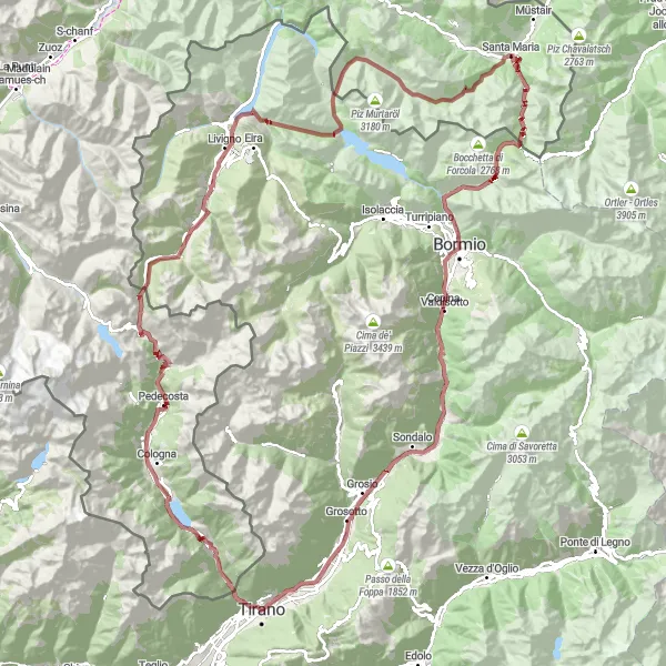 Mapa miniatúra "Gravel Trasa Poschiavo - Umbrailpass - Brusio" cyklistická inšpirácia v Ostschweiz, Switzerland. Vygenerované cyklistickým plánovačom trás Tarmacs.app