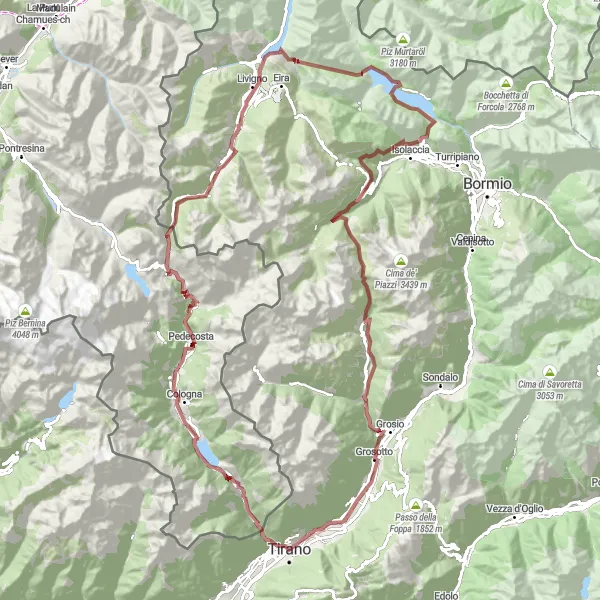 Miniaturní mapa "Trasa Gravel 126 km kolem Poschiava" inspirace pro cyklisty v oblasti Ostschweiz, Switzerland. Vytvořeno pomocí plánovače tras Tarmacs.app