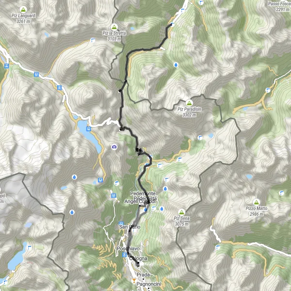 Mapa miniatúra "Poschiavo - La Rösa - Livigno" cyklistická inšpirácia v Ostschweiz, Switzerland. Vygenerované cyklistickým plánovačom trás Tarmacs.app