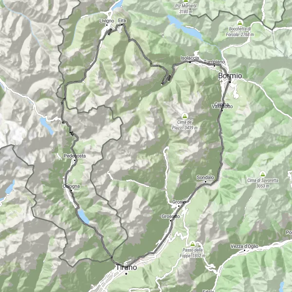 Mapa miniatúra "Cestná trasa Poschiavo - Bormio - Prada" cyklistická inšpirácia v Ostschweiz, Switzerland. Vygenerované cyklistickým plánovačom trás Tarmacs.app