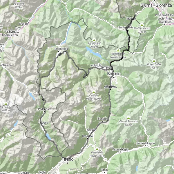 Miniaturní mapa "Cestování po silnici 194 km kolem Poschiava" inspirace pro cyklisty v oblasti Ostschweiz, Switzerland. Vytvořeno pomocí plánovače tras Tarmacs.app
