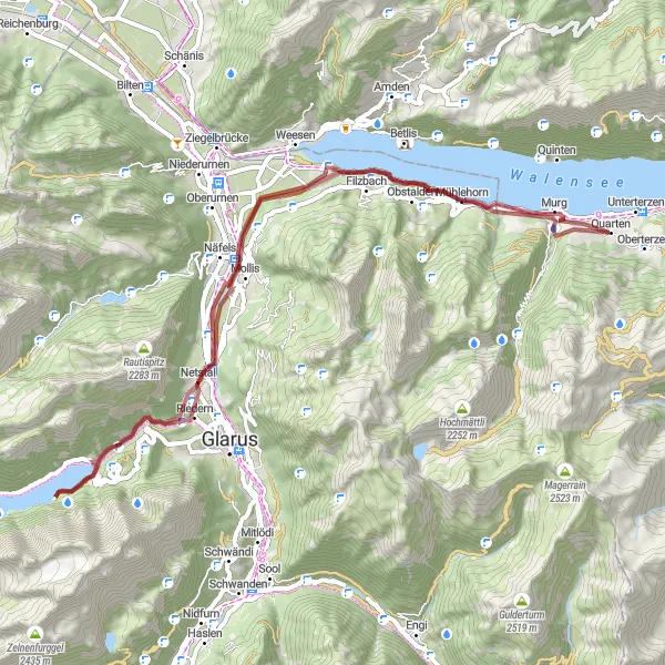 Mapa miniatúra "Gravel okruh kolem Quarten" cyklistická inšpirácia v Ostschweiz, Switzerland. Vygenerované cyklistickým plánovačom trás Tarmacs.app