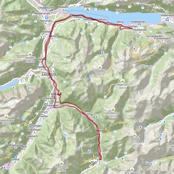 Miniaturní mapa "Gravelová cyklotrasa kolem jezera Walensee" inspirace pro cyklisty v oblasti Ostschweiz, Switzerland. Vytvořeno pomocí plánovače tras Tarmacs.app