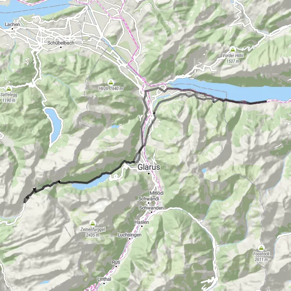 Mapa miniatúra "Road okruh kolem Quarten" cyklistická inšpirácia v Ostschweiz, Switzerland. Vygenerované cyklistickým plánovačom trás Tarmacs.app