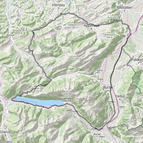 Karttaminiaatyyri "Vuoriston varjoissa" pyöräilyinspiraatiosta alueella Ostschweiz, Switzerland. Luotu Tarmacs.app pyöräilyreittisuunnittelijalla
