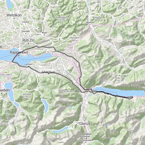 Karttaminiaatyyri "Rundfahrt durch die Berglandschaft der Ostschweiz" pyöräilyinspiraatiosta alueella Ostschweiz, Switzerland. Luotu Tarmacs.app pyöräilyreittisuunnittelijalla
