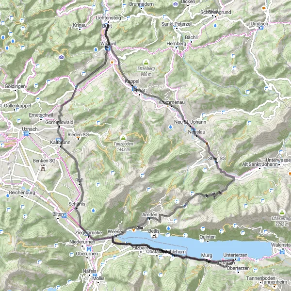 Miniatua del mapa de inspiración ciclista "Ruta panorámica de 98 km en bicicleta de carretera cerca de Quarten" en Ostschweiz, Switzerland. Generado por Tarmacs.app planificador de rutas ciclistas