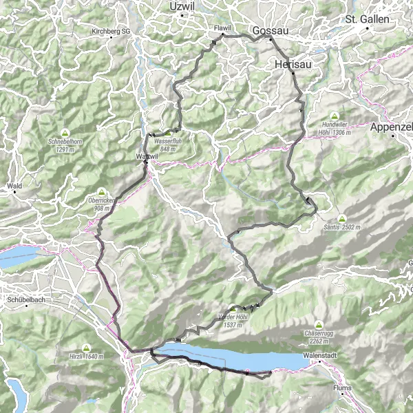 Kartminiatyr av "Rundtur fra Quarten til Amden og Ennetbühl" sykkelinspirasjon i Ostschweiz, Switzerland. Generert av Tarmacs.app sykkelrutoplanlegger