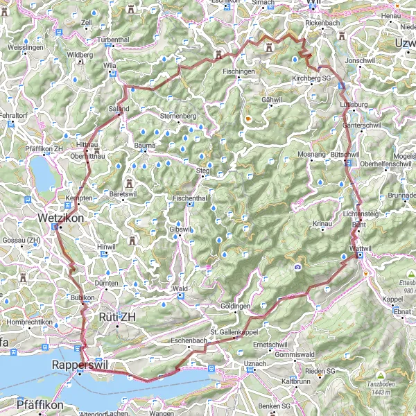 Miniatuurkaart van de fietsinspiratie "Adembenemende graveltocht door het Zwitserse landschap" in Ostschweiz, Switzerland. Gemaakt door de Tarmacs.app fietsrouteplanner