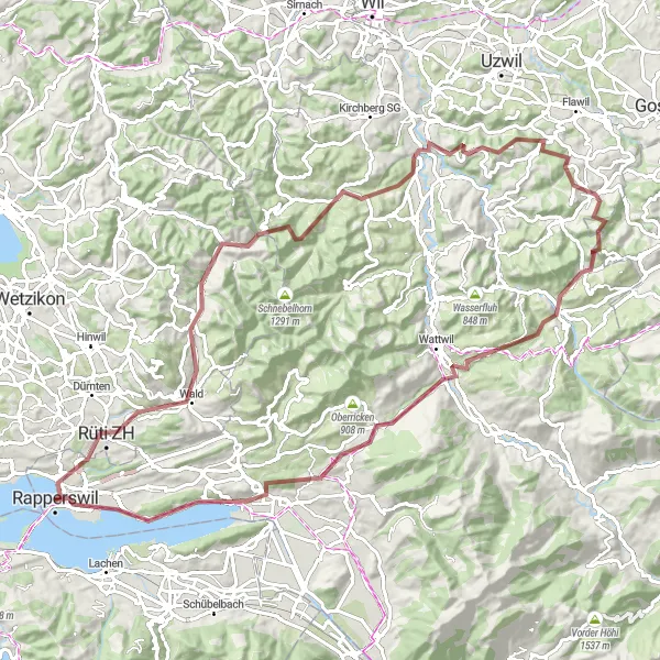 Mapa miniatúra "Gravelová cycling extrémka vedľa Rapperswilu" cyklistická inšpirácia v Ostschweiz, Switzerland. Vygenerované cyklistickým plánovačom trás Tarmacs.app