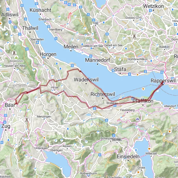 Miniature de la carte de l'inspiration cycliste "Tour gravel par Wädenswil et Baar" dans la Ostschweiz, Switzerland. Générée par le planificateur d'itinéraire cycliste Tarmacs.app