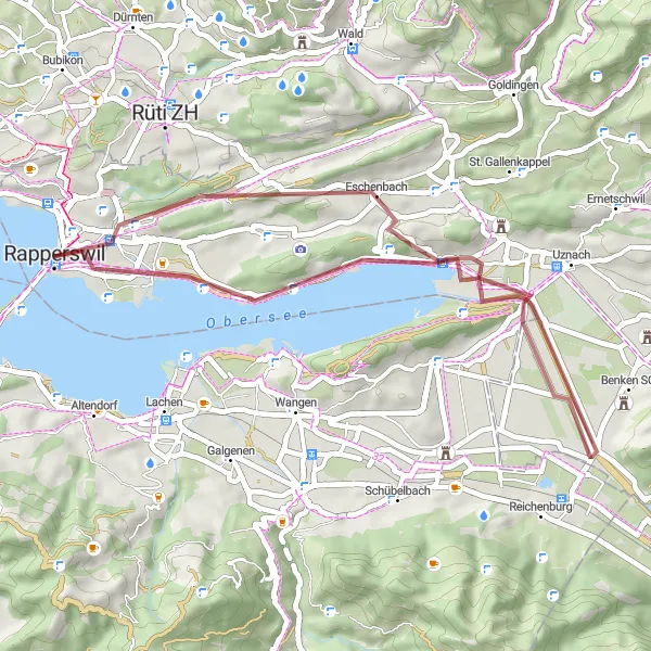 Mapa miniatúra "Scenic Gravel Route near Rapperswil" cyklistická inšpirácia v Ostschweiz, Switzerland. Vygenerované cyklistickým plánovačom trás Tarmacs.app