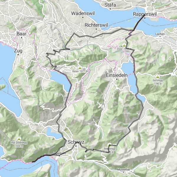 Mapa miniatúra "Tour s výhľadmi okolo Rapperswilu" cyklistická inšpirácia v Ostschweiz, Switzerland. Vygenerované cyklistickým plánovačom trás Tarmacs.app