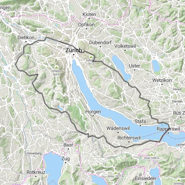 Zemljevid v pomanjšavi "Krožna kolesarska pot Rapperswil - Lindenhof" kolesarske inspiracije v Ostschweiz, Switzerland. Generirano z načrtovalcem kolesarskih poti Tarmacs.app