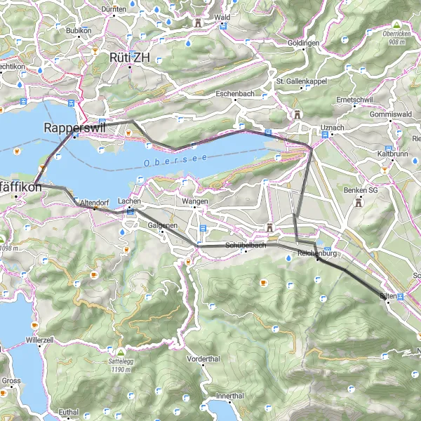 Zemljevid v pomanjšavi "Krožna kolesarska pot Rapperswil - Hurden" kolesarske inspiracije v Ostschweiz, Switzerland. Generirano z načrtovalcem kolesarskih poti Tarmacs.app