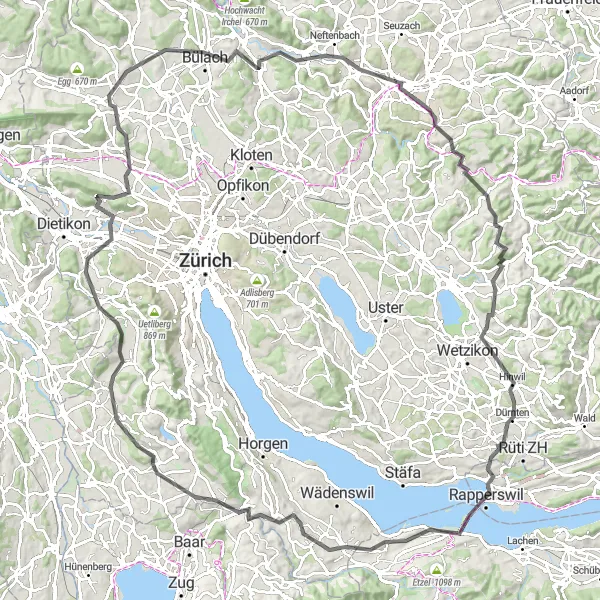 Miniature de la carte de l'inspiration cycliste "Grande traversée cycliste de Schlieren à Hinwil" dans la Ostschweiz, Switzerland. Générée par le planificateur d'itinéraire cycliste Tarmacs.app