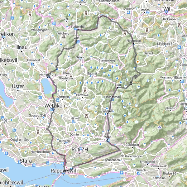 Map miniature of "Road Cycling in Ostschweiz: Rapperswil Round Trip" cycling inspiration in Ostschweiz, Switzerland. Generated by Tarmacs.app cycling route planner