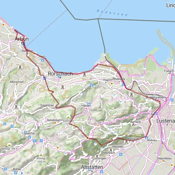 Zemljevid v pomanjšavi "Gravlan kolesarska avantura do Rheinecka" kolesarske inspiracije v Ostschweiz, Switzerland. Generirano z načrtovalcem kolesarskih poti Tarmacs.app