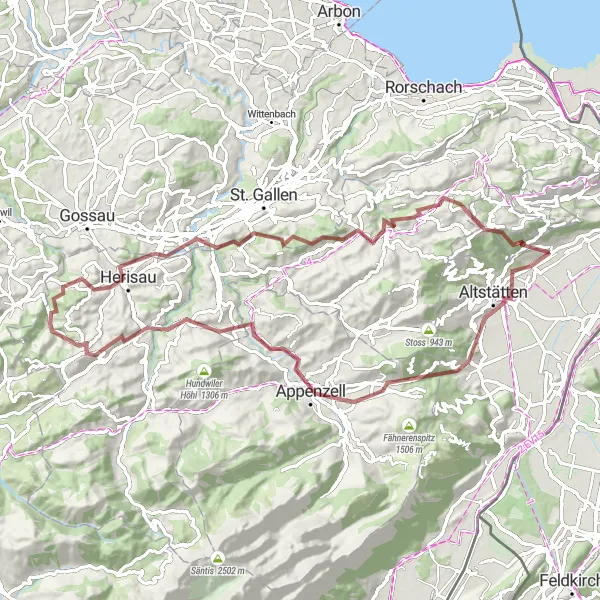 Zemljevid v pomanjšavi "Gravlan kolesarska pustolovščina do Trogena" kolesarske inspiracije v Ostschweiz, Switzerland. Generirano z načrtovalcem kolesarskih poti Tarmacs.app