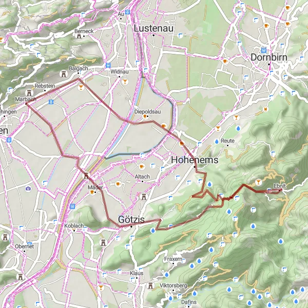 Kartminiatyr av "Hohenems og Götzis Gravel Cycling Route" sykkelinspirasjon i Ostschweiz, Switzerland. Generert av Tarmacs.app sykkelrutoplanlegger