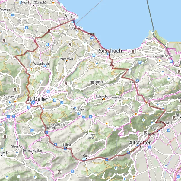 Zemljevid v pomanjšavi "Gravlan kolesarska pot do St. Gallena" kolesarske inspiracije v Ostschweiz, Switzerland. Generirano z načrtovalcem kolesarskih poti Tarmacs.app