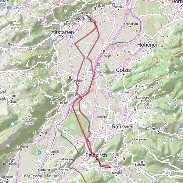 Miniatua del mapa de inspiración ciclista "Ruta de bicicleta de grava Rebstein - Kriessern" en Ostschweiz, Switzerland. Generado por Tarmacs.app planificador de rutas ciclistas