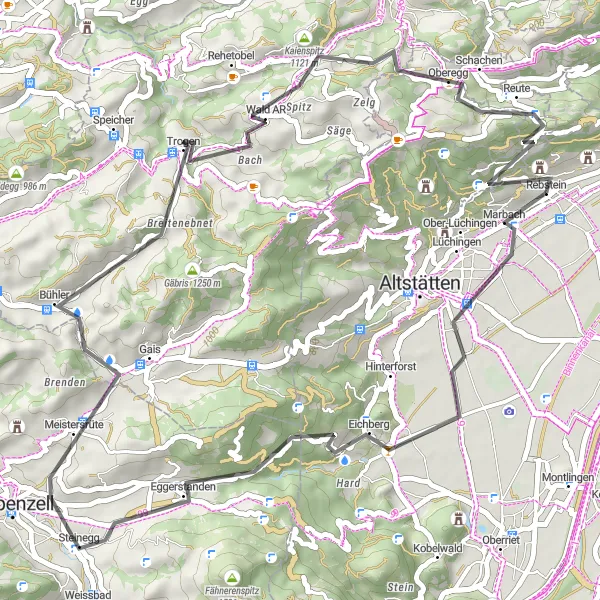 Miniatua del mapa de inspiración ciclista "Ruta de ciclismo a Marbach y más allá" en Ostschweiz, Switzerland. Generado por Tarmacs.app planificador de rutas ciclistas
