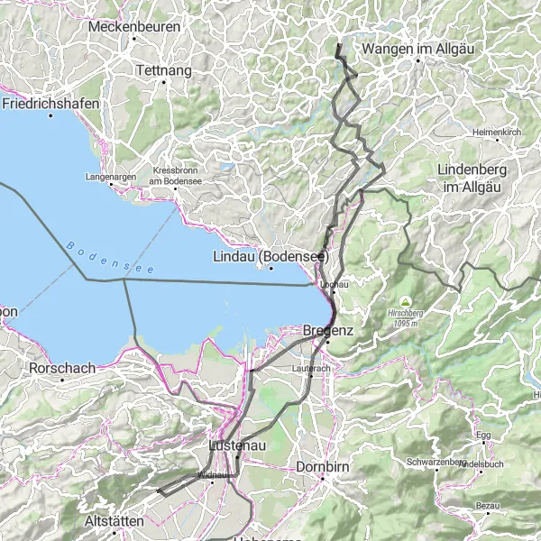 Kartminiatyr av "Rebstein-Lustenau-Gebhardsberg-Bregenz-Hohenweiler-Hergensweiler-Hard-Loacker Berg-Rebhüttli-Balgach" sykkelinspirasjon i Ostschweiz, Switzerland. Generert av Tarmacs.app sykkelrutoplanlegger