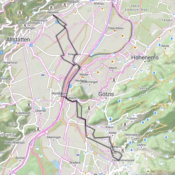 Kartminiatyr av "Rebstein-Koblach-Kummenberg-Klaus-Ganta-Kriessern" sykkelinspirasjon i Ostschweiz, Switzerland. Generert av Tarmacs.app sykkelrutoplanlegger