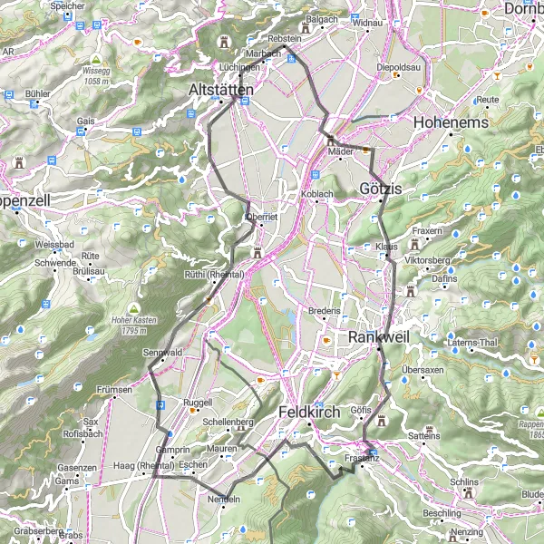 Map miniature of "The Rhein Valley Road Ride" cycling inspiration in Ostschweiz, Switzerland. Generated by Tarmacs.app cycling route planner