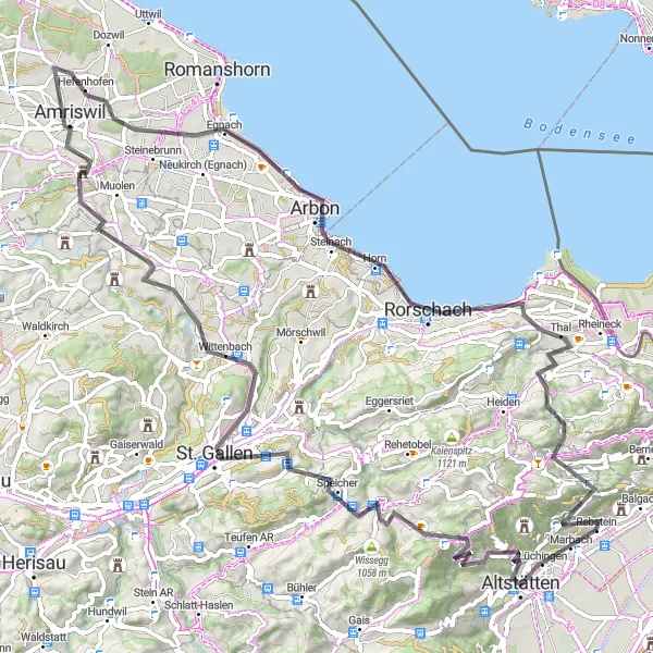 Miniature de la carte de l'inspiration cycliste "Escapade cycliste dans l'est de la Suisse" dans la Ostschweiz, Switzerland. Générée par le planificateur d'itinéraire cycliste Tarmacs.app