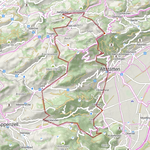 Mapa miniatúra "Gravel ride through Eastern Switzerland" cyklistická inšpirácia v Ostschweiz, Switzerland. Vygenerované cyklistickým plánovačom trás Tarmacs.app