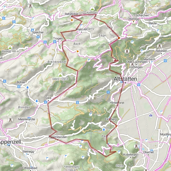 Map miniature of "Exhilarating Gravel Ride to Gäbris and Gupf" cycling inspiration in Ostschweiz, Switzerland. Generated by Tarmacs.app cycling route planner