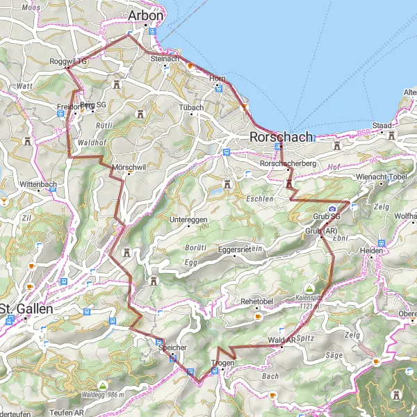 Map miniature of "Speicher and Rorschach Gravel Route" cycling inspiration in Ostschweiz, Switzerland. Generated by Tarmacs.app cycling route planner