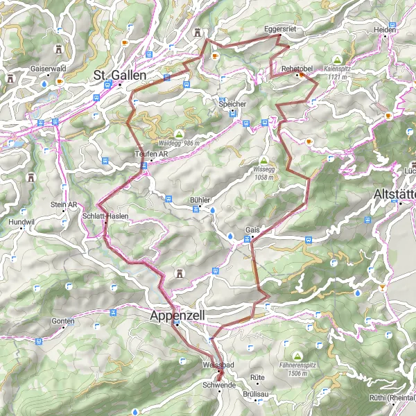 Miniaturekort af cykelinspirationen "Eventyrlig grusvejscykelrute fra Rehetobel" i Ostschweiz, Switzerland. Genereret af Tarmacs.app cykelruteplanlægger