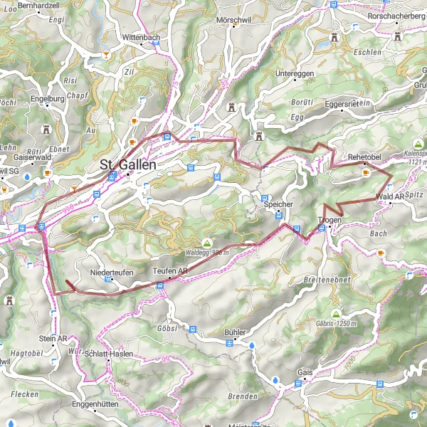 Map miniature of "Picturesque Gravel Route to Teufen" cycling inspiration in Ostschweiz, Switzerland. Generated by Tarmacs.app cycling route planner