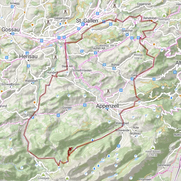 Mapa miniatúra "Gravel Twin Peaks" cyklistická inšpirácia v Ostschweiz, Switzerland. Vygenerované cyklistickým plánovačom trás Tarmacs.app