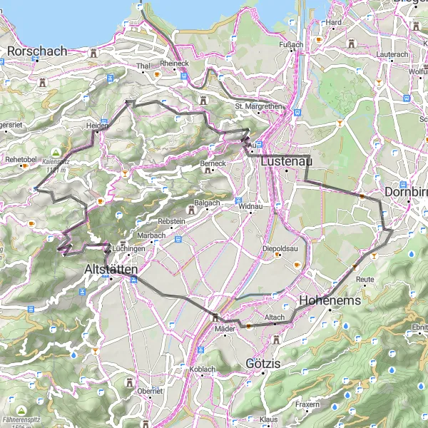 Miniatua del mapa de inspiración ciclista "Recorrido en bicicleta por carretera hacia Altstätten y Lustenau" en Ostschweiz, Switzerland. Generado por Tarmacs.app planificador de rutas ciclistas