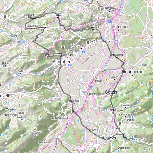 Map miniature of "The Five Countries Viewpoint and Scenic Altach Road" cycling inspiration in Ostschweiz, Switzerland. Generated by Tarmacs.app cycling route planner