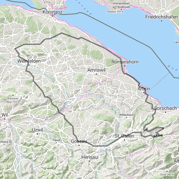 Map miniature of "The Beauty of Lake Constance and St. Gallen" cycling inspiration in Ostschweiz, Switzerland. Generated by Tarmacs.app cycling route planner