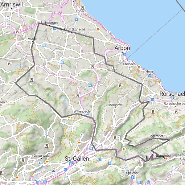 Miniature de la carte de l'inspiration cycliste "La boucle pittoresque d'Untereggen" dans la Ostschweiz, Switzerland. Générée par le planificateur d'itinéraire cycliste Tarmacs.app