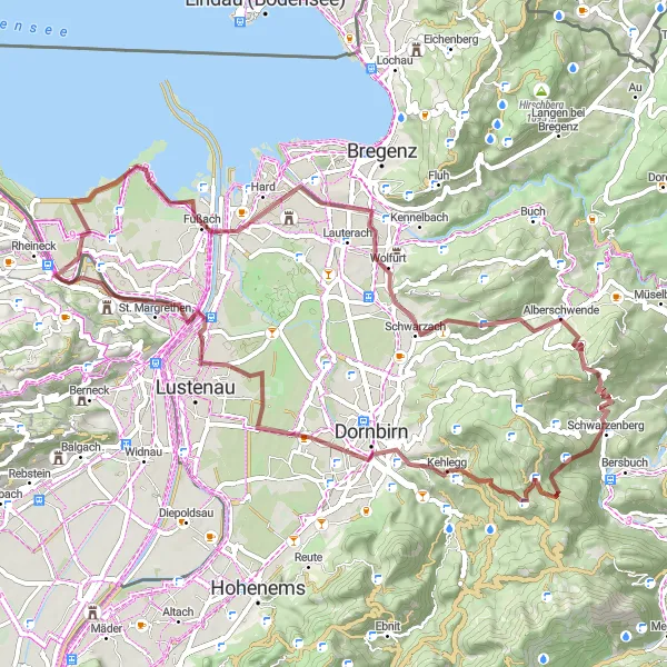 Miniatura della mappa di ispirazione al ciclismo "Montagna e Scenic Route di Rheineck" nella regione di Ostschweiz, Switzerland. Generata da Tarmacs.app, pianificatore di rotte ciclistiche